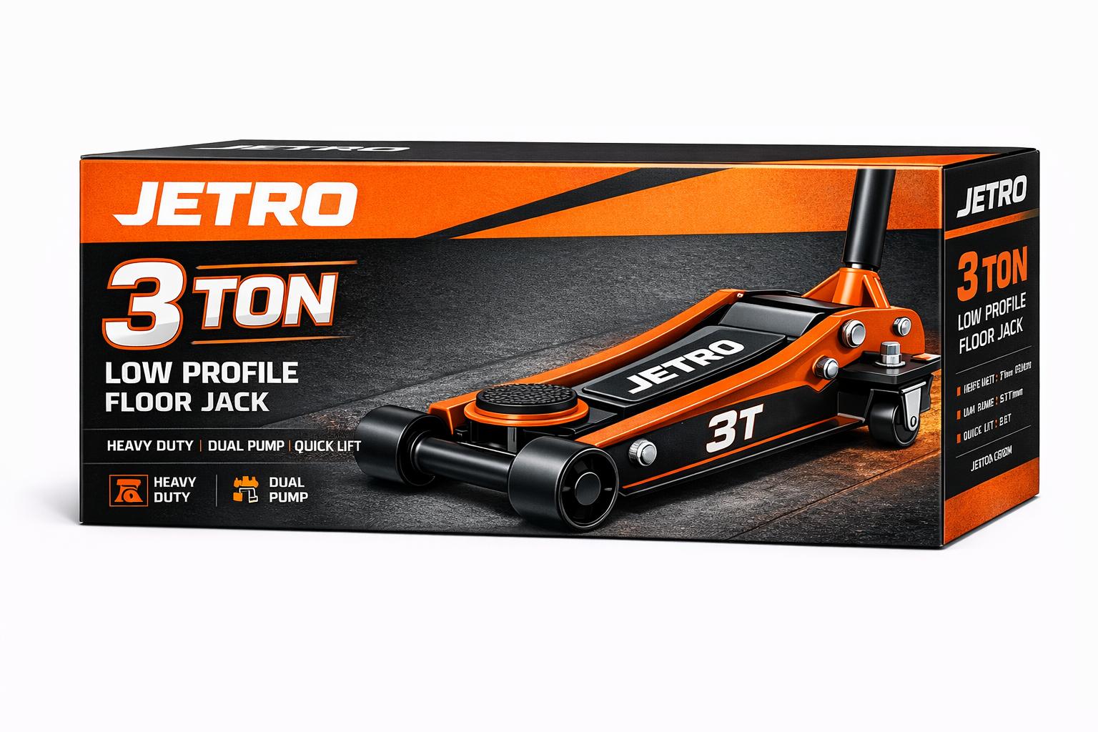 JETRO 3 ton low profile floor jack packaging visual