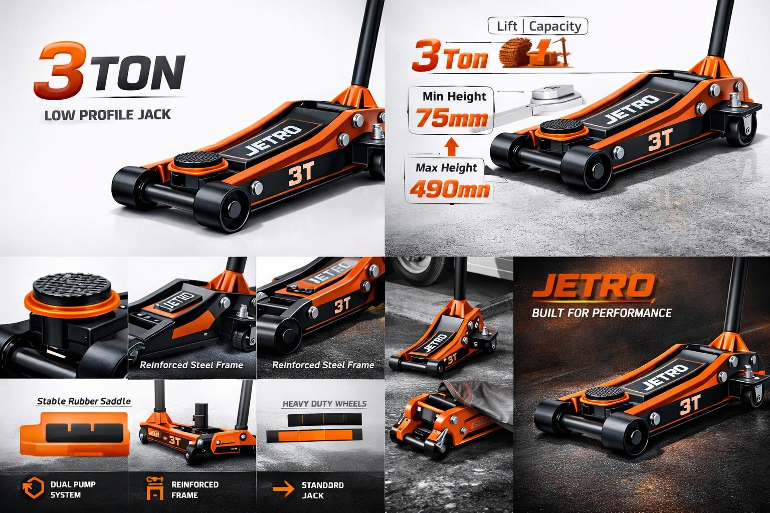 JETRO 3 ton low profile floor jack collage visual