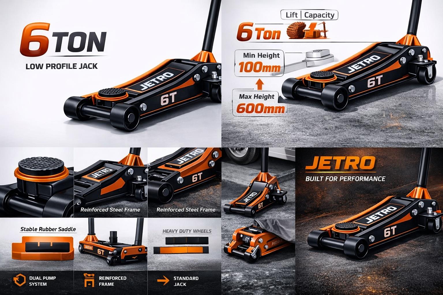 JETRO 6 ton low profile floor jack collage visual
