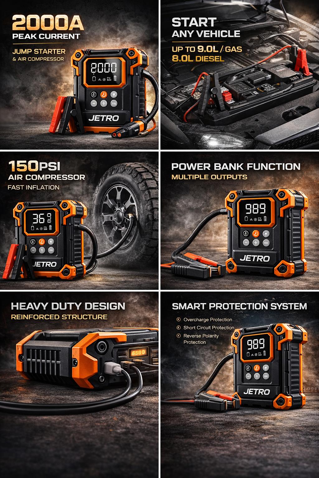 JETRO 2000A jump starter feature collage